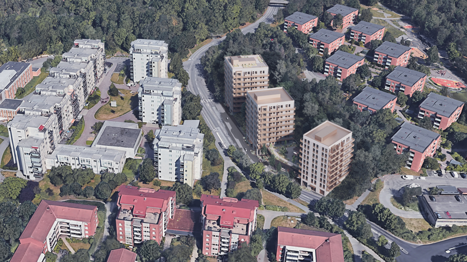 Flygbild över Solberga med 3D-visualisering av planförslaget inritat i bilden
